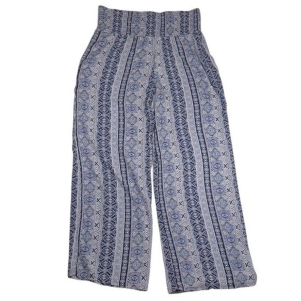 Three Dots Pants Womens XL Wide Leg Blue Medallion Geometric Smocked‎ Pocket